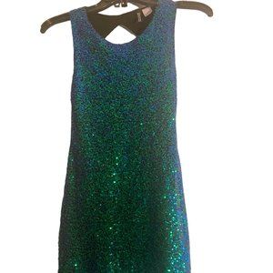 H&M Divided blue/ green metallic sequins bodycon mini Prom Party dress sz 2